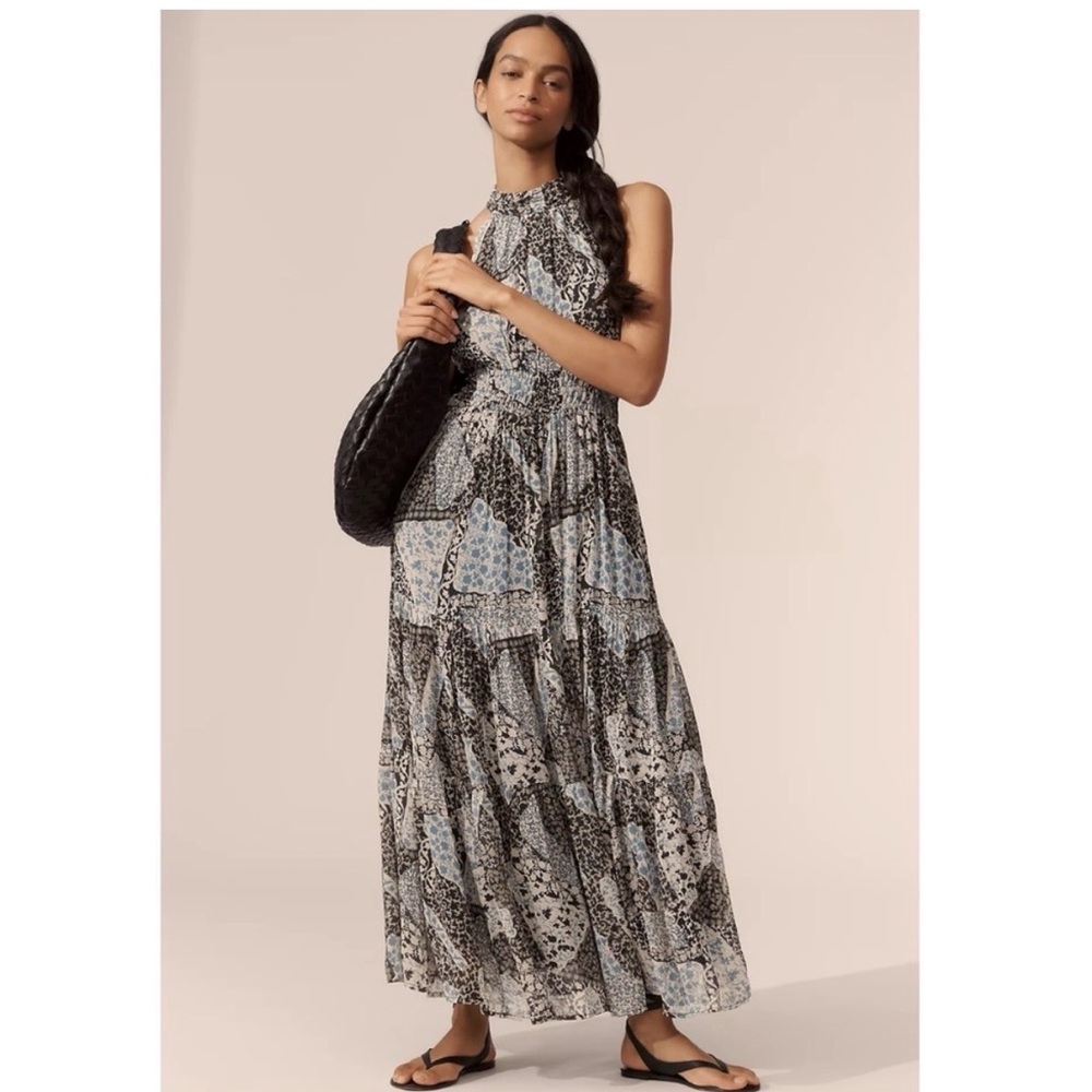 Anthropologie Sommerset Black and White Print Halter-Tie Maxi Dress